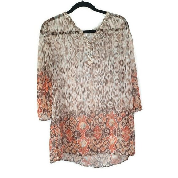 Chicos Sheer Sequin Tunic Popover Blouse L/S - Picture 1 of 7